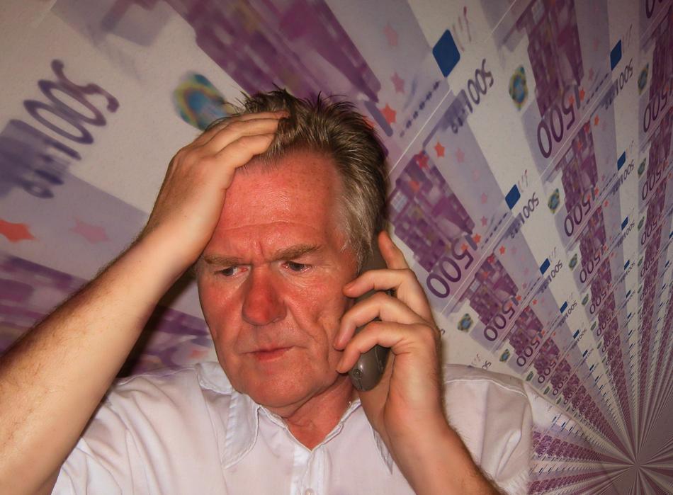 elderly Man in trouble at euro bills background, collage