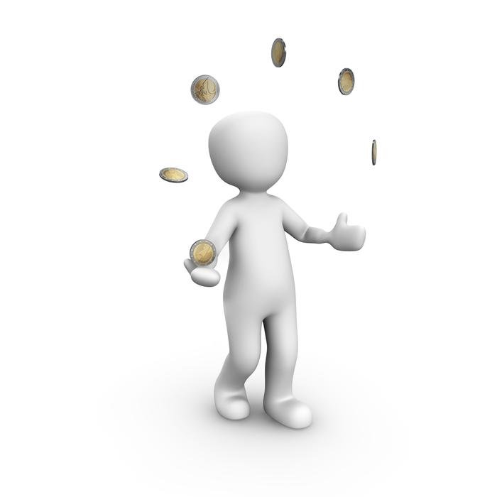 White figure, juggling with coins, at white background, on clipart