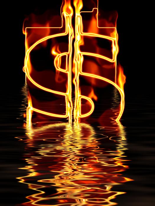 burning dollar sign on dark water, digital art