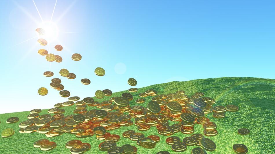 gold coins on the green hill