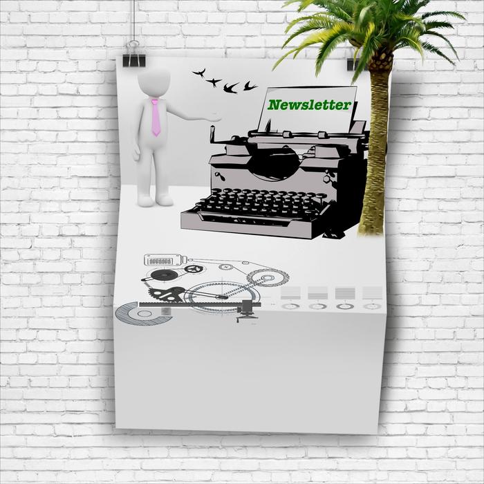 a newsletter featuring a typewriter and a palm tree