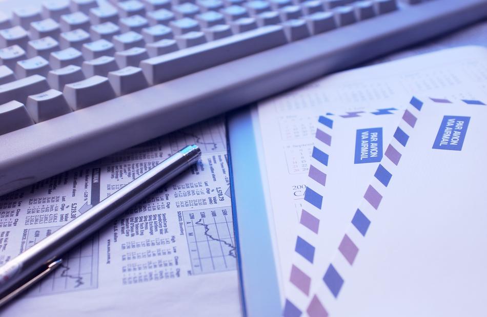 keyboard, pen, statistics, envelopes