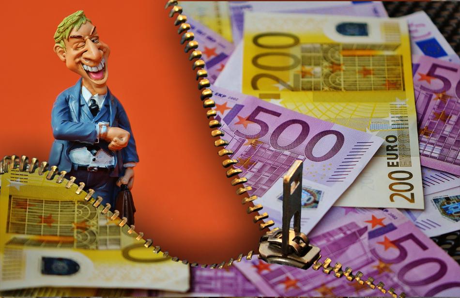 Colorful Euro banknotes with the numbers, and figure of a blonde businessman, under the zip, clipart
