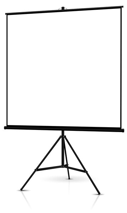 White and black projector screen, on the stand, at white background
