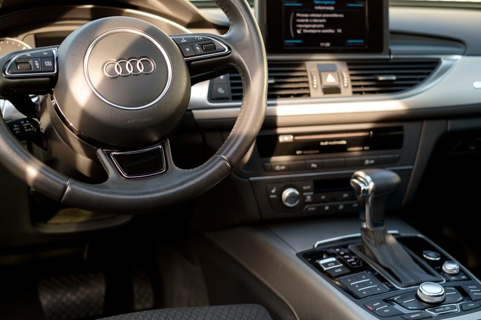 Beautiful, brown and metallic interior of the Audi car, in light