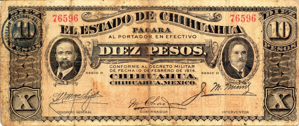 Beautiful, retro 10 Mexico Pesos with portraits