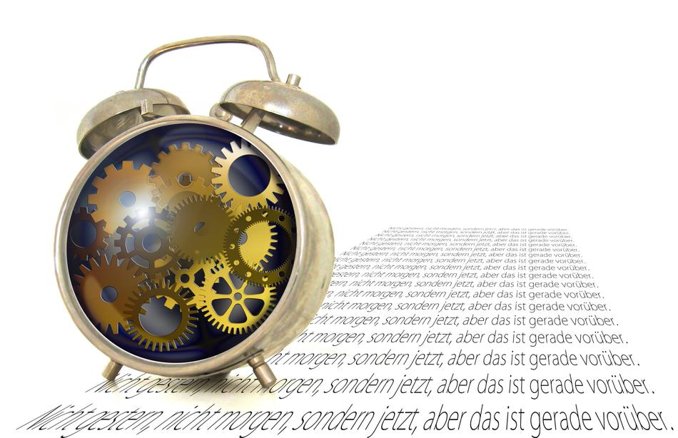 Glossy clock with the gears, on the black text, at white background, clipart