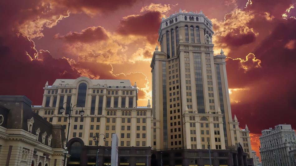 dramatic evening sky over modern architecture