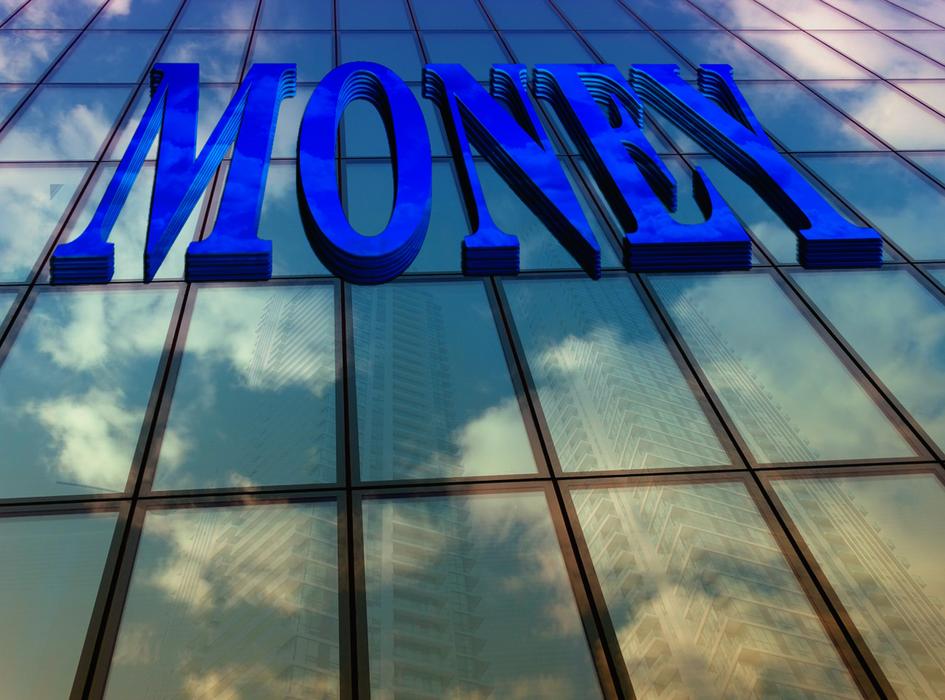 money, blue lettering on glass facade