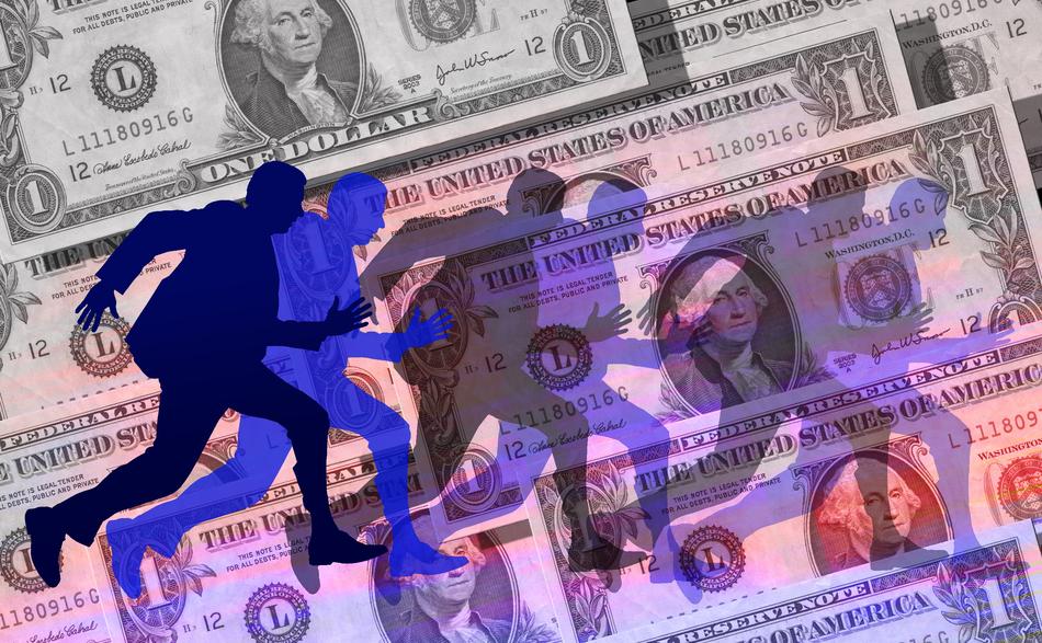 Colorful silhouettes of the running businessmen, at background with '1' dollar banknotes