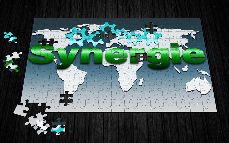 synergie, puzzle with gears on map of the world