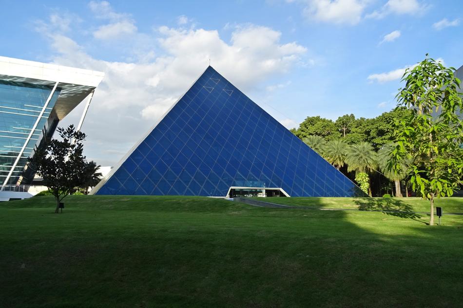 modern pyramid shaped building in india
