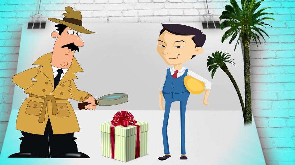 cartoon man looks through magnifying glass at gift box and suspective man with stone, negotiations