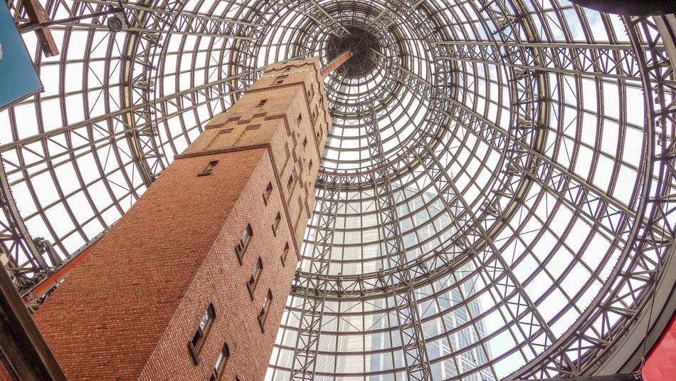 brick tower in glass dome