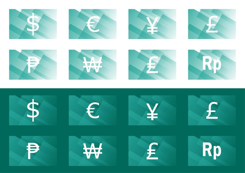 Green and white icons with different currency, clipart