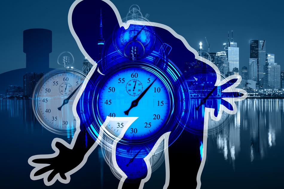 Silhouette of a person, doing time management, with clocks, at background with the city with shore, clipart