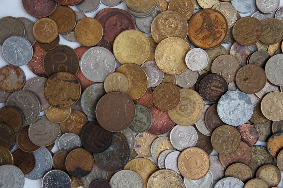 Top view of the handful of the colorful ruble coins