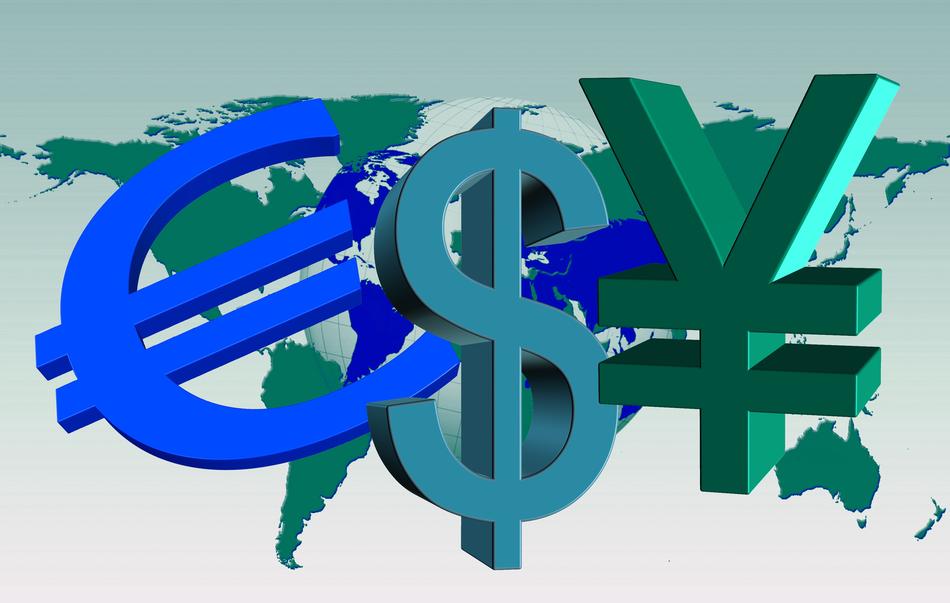 Colorful, 3d 'Euro', 'Dollar' and 'Yen' signs, at background with the green Earth map, clipart