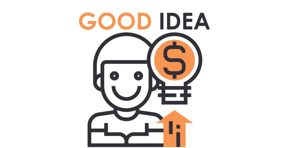Orange, black and white 'Good Idea' sign and man, with the innovation, clipart