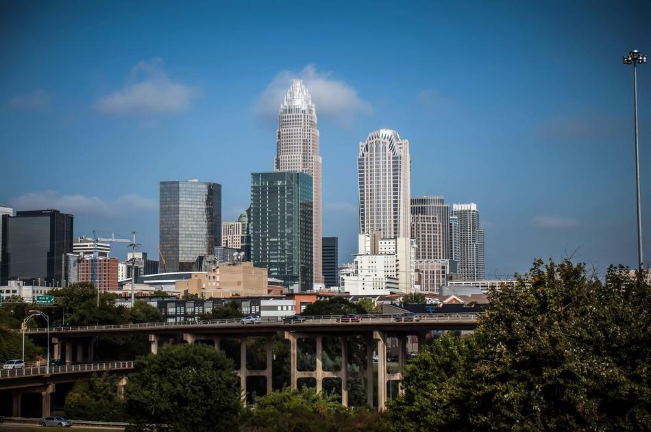 View of the buildings, in Charlotte, Carolina, America, under the blue sky, with clouds