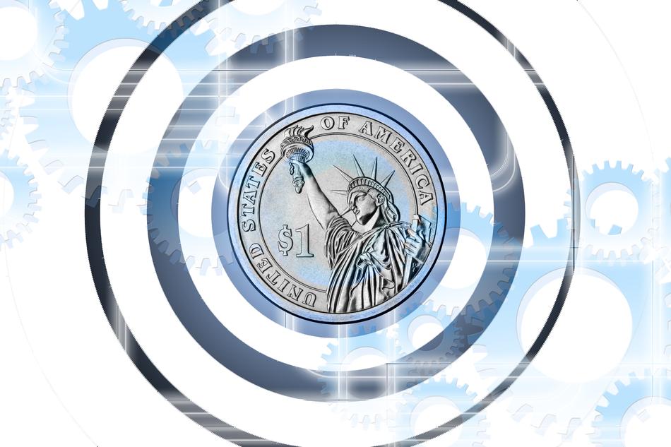 Metal coin with the Statue of Liberty, in the circles, at blue and white background with gears