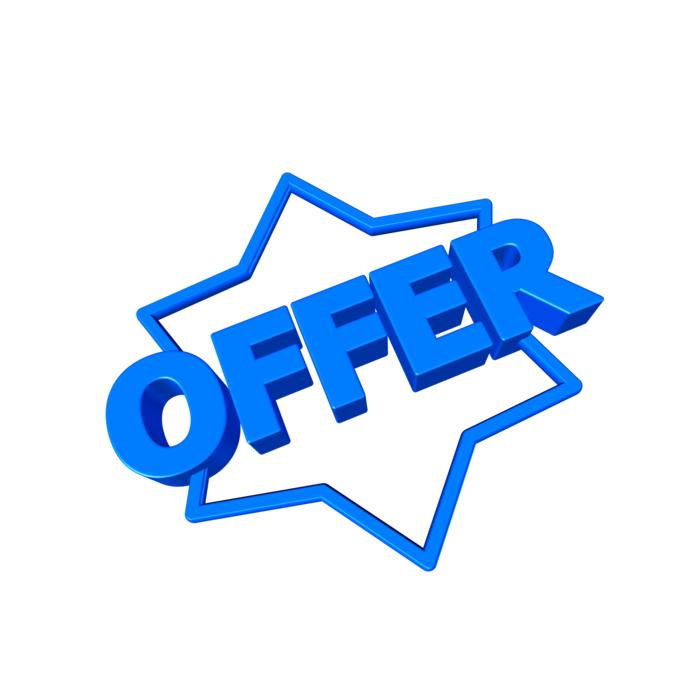 Blue, 3d 'Offer' sign, with the pattern, at white background, clipart
