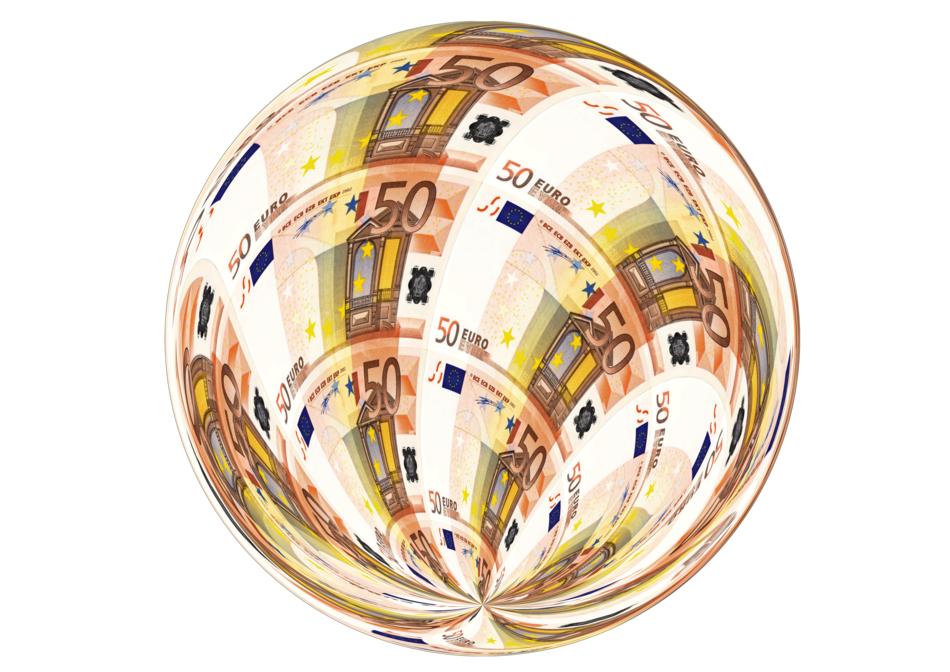 ball of euro banknotes on a white background