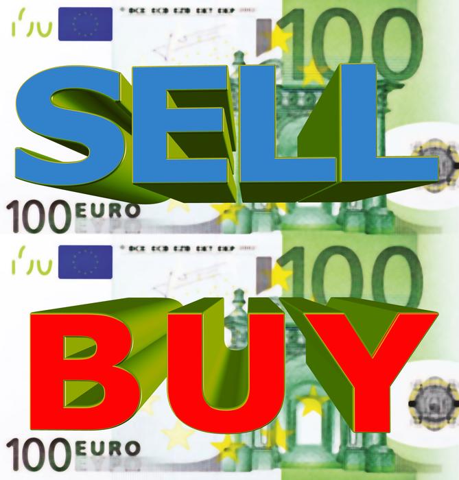 3d, blue and red 'Sell' and 'Buy' signs at background with Euro banknotes, clipart
