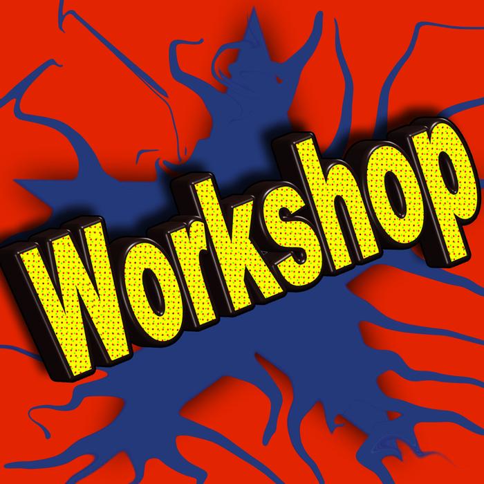 Yellow and black 'Workshop' sign, at blue and red background with the pattern, clipart