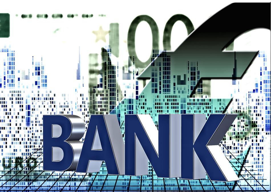 bank, 3d lettering at money symbols background