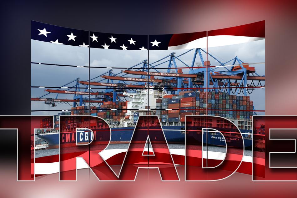 Red 'TRADE' sign, at background with the colorful containers, clipart