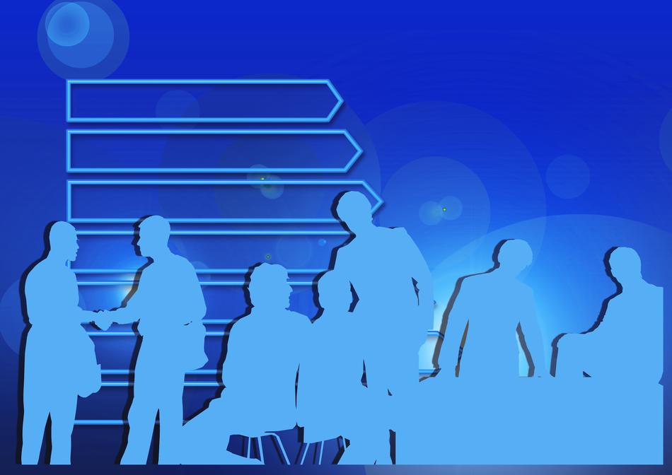 Blue silhouettes of the people, at background with the pattern and lights, clipart