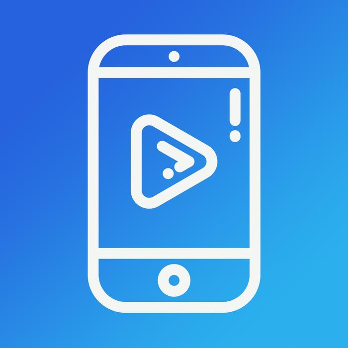 White and blue smartphone with play icon and exclamation sign, clipart