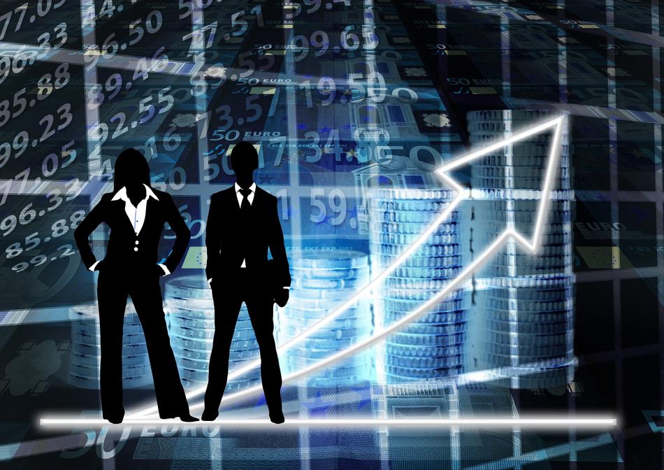 Businessman and businesswoman in suits, near the growing arrow, at checked background, clipart