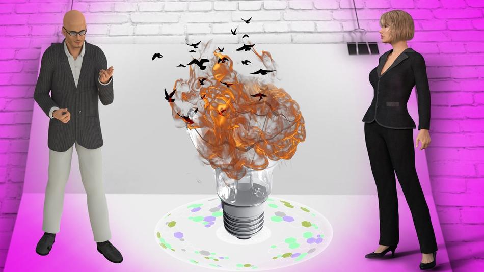 3d models of the people, near the colorful light bulb with orange smoke and bat, under the pattern, clipart