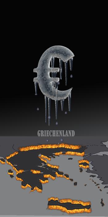 'Euro' sign, above the map of Greece, with lights, at black background, clipart