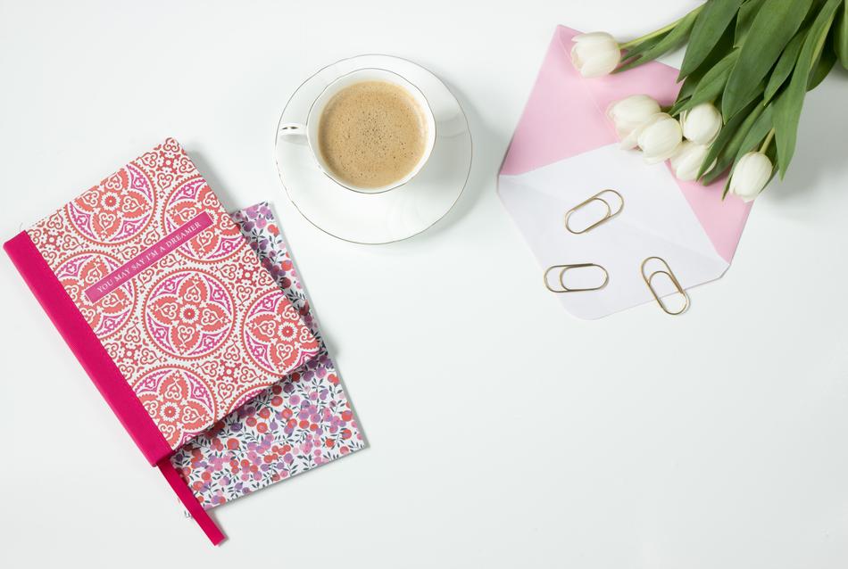Coffee, Flowers and Notebooks at white