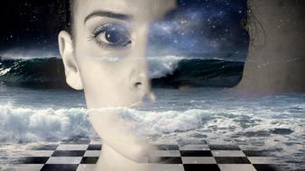 female face on the background of a chessboard and sea waves