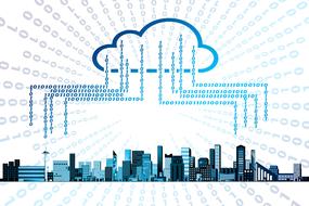 City buildings and cloudy memory, with the network, in binary code, clipart