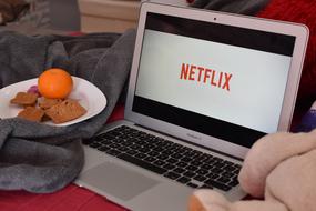 relaxation with laptop and plate with cookies on the sofa