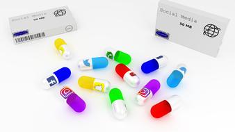 medicines like capsules with social media logos and package
