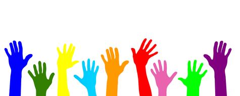 volunteers, colorful hands in row