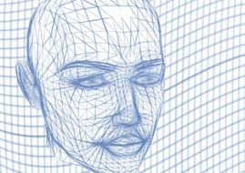 Blue and white drawing of the head in wireframe, at checkered background, clipart