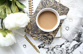 girlish still life, Coffee and flowers on table