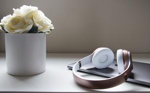 white roses and headphones on the table