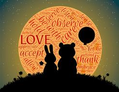 Silhouettes of the bunny and bear with the balloon, on the hill, looking on the orange and yellow Moon with Love words, on clipart