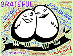 grateful, card with birds in love at word cloud