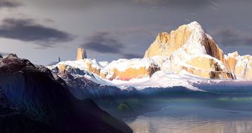 computer graphics image of snowy mountains and lake
