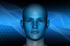 Blue and black image of the human head in network
