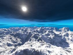 bright sun over a snowy mountain landscape as digital art